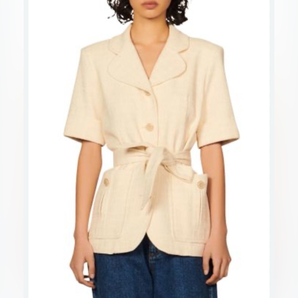 Sandro Truman Belted Short Sleeve Blazer Cream | Size 34 NWT